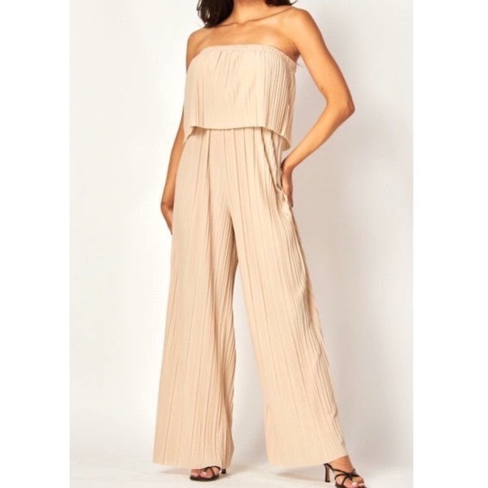 Beige Pleated Strapless Wide Leg‎ Jumpsuit Ruffle Top Medium NWT Classy Vacay